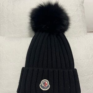 Moncler Wool Beanie with Faux Fur Pom Pom
